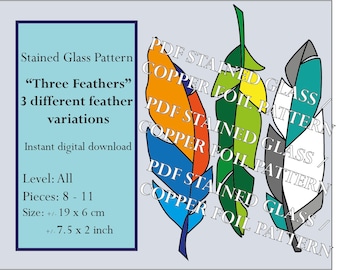 Stained Glass Pattern Easy Feather "Three Feathers", window hangings, for beginner, digital PDF, instant download