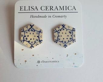 Dark blue white abstract ceramic earrings, sterling silver stud jewellery, floral delft cobalt dainty studs, Art Lover Gift