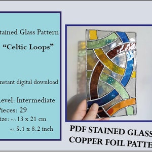 May include: A stained glass pattern titled "Celtic Loops" with a design of interlocking loops in shades of blue, green, yellow, and brown. The pattern is 5.1 inches by 8.2 inches and is suitable for intermediate crafters.