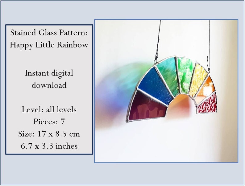 Rainbow Stained Glass Suncatcher Pattern, window hanging template, for all levels, digital PDF image 1