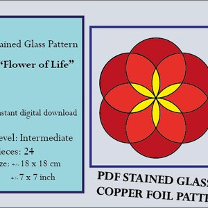 May include: A stained glass pattern of the "Flower of Life" design. The pattern is made up of overlapping circles in red and yellow. This digital download is for an intermediate level project and includes 24 pieces. The finished size is approximately 18 cm by 18 cm.