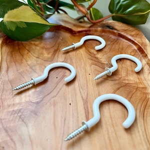 May include: Four white screw-in hooks with a curved design. The hooks are set against a wooden surface, with a trailing green and yellow plant in the background. The hooks have a screw thread for easy installation.