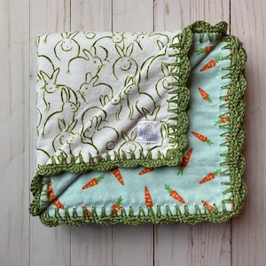 Flannel Blanket\Flannel Baby Blanket\ Betty Blanket\Crochet Edge Blanket\Baby Gift\Baby Shower Gift\Carrot Blanket\Bunny Blanket\Easter