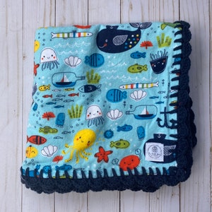 Flannel Blanket\Flannel Baby Blanket\ Betty Blanket\Crochet Edge Blanket\Baby Gift\Baby Shower Gift\Ocean Blanket, Whale Fish Blanket