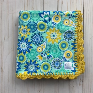 Flannel Blanket\Flannel Baby Blanket\ Betty Blanket\Crochet Edge Blanket\Baby Gift\Baby Shower Gift\Toddler Blanket\ Blue Yellow Blanket