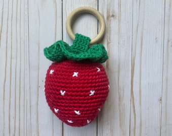 Hochet fraise\hochet bébé\hochet au crochet\cadeau bébé\cadeau baby shower\cadeau enfant\hochet fruits\accessoire bébé\jouet bébé