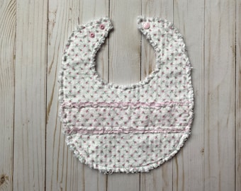 Baby Bib\Bib\Flannel Bib\Baby Gift\Baby Shower Gift\Chenille Bib\ Baby Accessory\Reversible Bib\Pink Bib\Rose Bud Bib\Pink Striped Bib