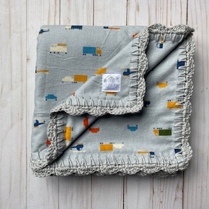 Flannel Blanket\Flannel Baby Blanket\ Betty Blanket\Crochet Edge Blanket\Baby Gift\Baby Shower Gift\Truck Blanket\Car Blanket\Transportation