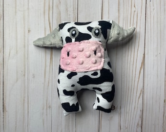 Flannel Stuffed Cow Plushie - Black and White, Embroidered Eyes
