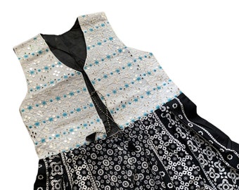 Cárdigan largo estilo bohemio Ajrak - Top bordado - Monocromo blanco y negro - Talla mediana -