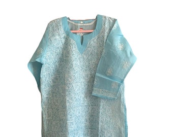 Lucknowi Chikankari Shirt: Shadow Work Embroidered Indian Dress, XL