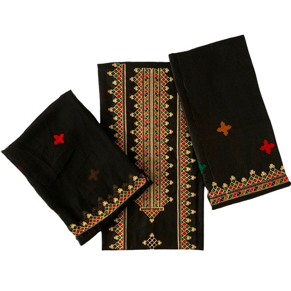 Asian Embroidered Ladies Unstitched Suit, Black Cotton, Pakistani Dress for Women, Chiffon Dopatta