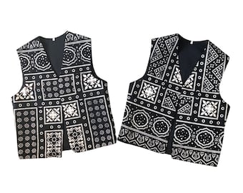 Cotton Pakistani Sindhi Black Ajrak Block-printed Waistcoat Vest