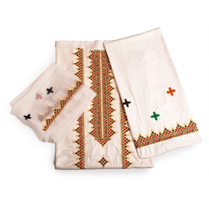 Asian Embroidered Ladies Unstitched Suit - Off White Cotton Pakistani Dress for Women (Chiffon Dopatta)