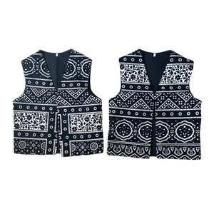 Cotton Pakistani Sindhi Black Ajrak Block-Printed Waistcoat / Vest / Jacket | Size 20 (Small) | Unisex