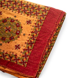 Point de course fait main (kantha) imprimé bloc, ralli miroir (rilli)/couvre-lit/jeté/couette, réversible