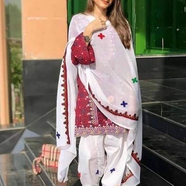 Pakistani Sindhi Ajrak Lawn Cotton 3 Piece Unstitched Suit, Embroidered, Chiffon Dupatta | Gift for Her