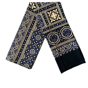 Cotton Block-printed Blue Sindhi Ajrak on Beige Base | Neck Wrap/Scarf/Shawl Unisex | Gift Box Option