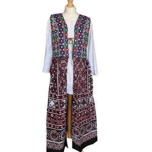 Ajrak Boho Frock style Long Cotton Cardigan - Embroidered Top Multicoloured -  Indigo Red Ajrak - Size Medium