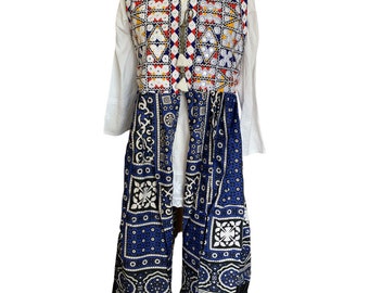 Cárdigan largo de algodón estilo bohemio Ajrak - Top bordado multicolor - Azul Ajrak - Talla mediana