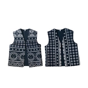 Cotton Pakistani Sindhi Black Ajrak Block-Printed Waistcoat / Vest / Jacket | Size 18 (X Small) XS | Unisex |