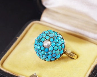 Victorian turquoise dome ring in rose gold 18k, cluster ring, cocktail ring, antique turquoise ring, antique jewelry | Maison Mohs