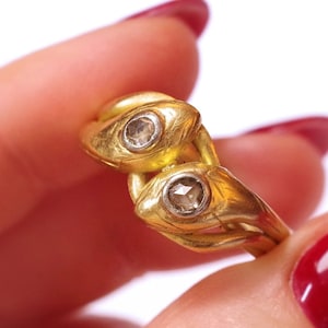 Victoriaanse dubbele slangenring in geel goud 18 karaat, zilver, antieke sieraden, diamant Nederlandse roos geslepen, antieke trouwring | Huis Mohs