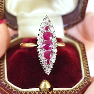 Ruby diamond navette ring in rose gold 18k, silver, wedding ring, cluster ring, antique jewelry Maison Mohs image 1