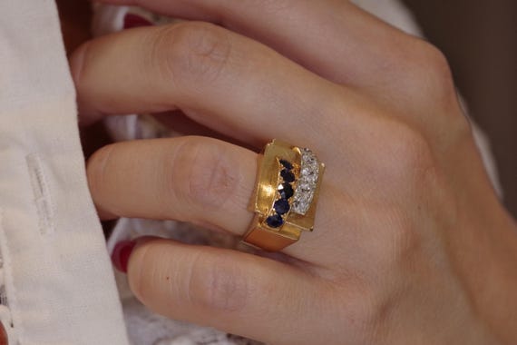 18K ゴールドのサファイア ダイヤモンド タンク リング、レトロ タンク  