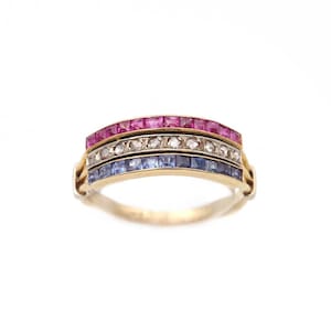 Anello trilogia francese patriottico con zaffiro, rubino e diamanti, anello Art Déco / Maison Mohs