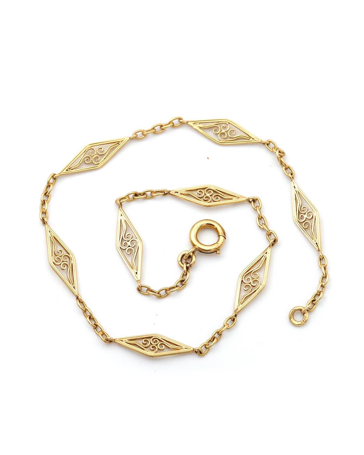Collier Chaîne Dorée 29" Avec Pendentif Filigrané Grand 4 3/4" - Vintage Occasion Parfait État