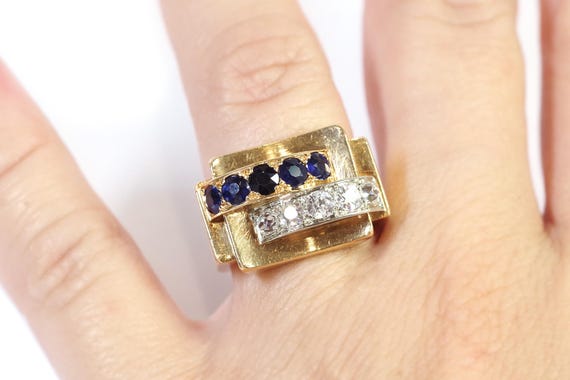 18K ゴールドのサファイア ダイヤモンド タンク リング、レトロ タンク 