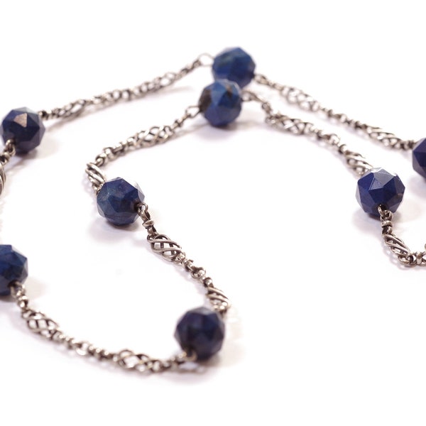 Collier Arts and Crafts lapis lazuli et argent, perles lapis lazuli, bijou art nouveau, mailles anciennes | Maison Mohs