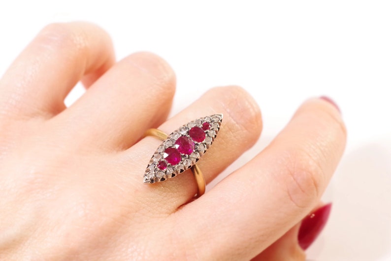 Ruby diamond navette ring in rose gold 18k, silver, wedding ring, cluster ring, antique jewelry Maison Mohs image 3