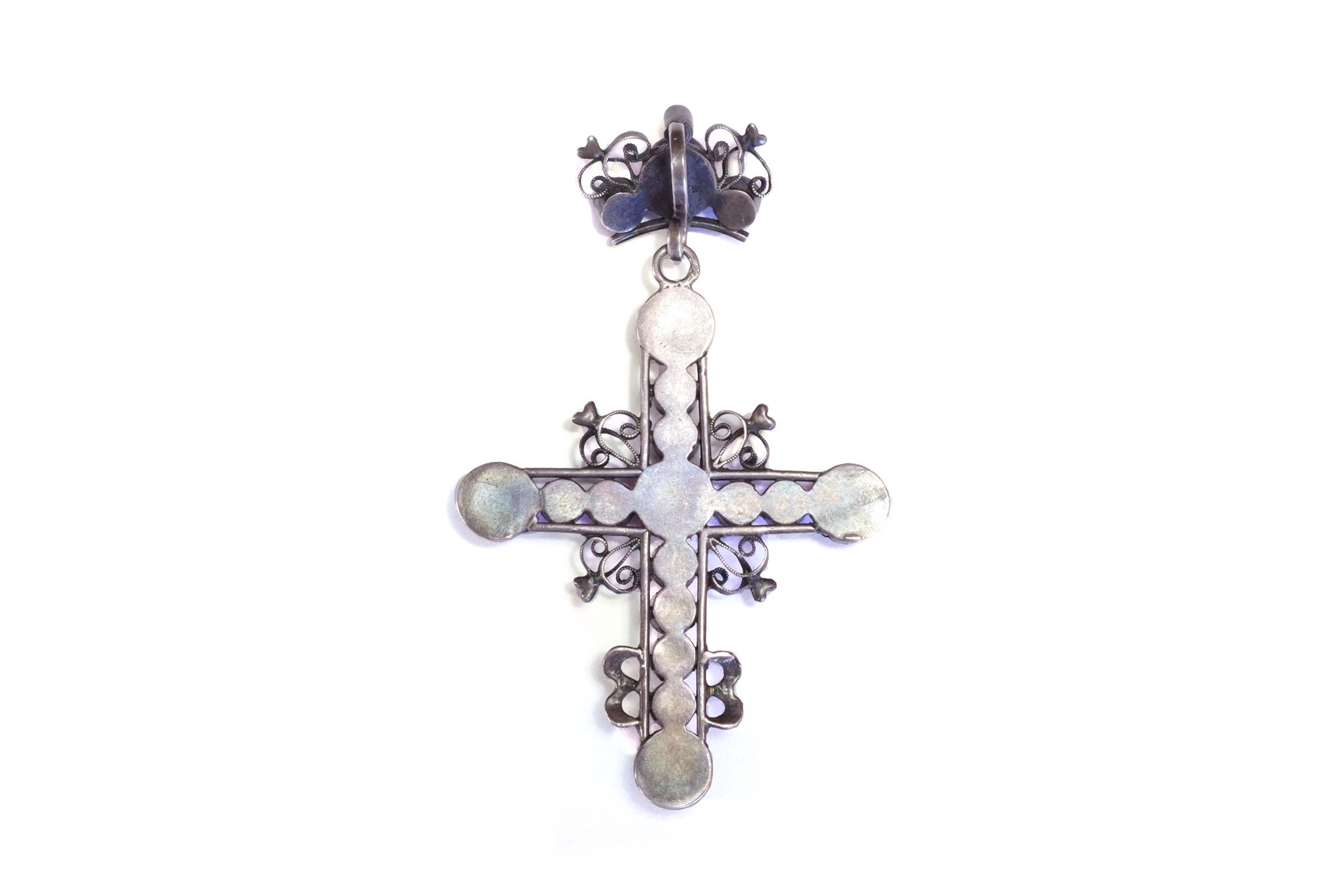 Pendentif Croix En Argent Massif 850‰ Avec Strass Rose Et émail - Style Second Empire, Occasion