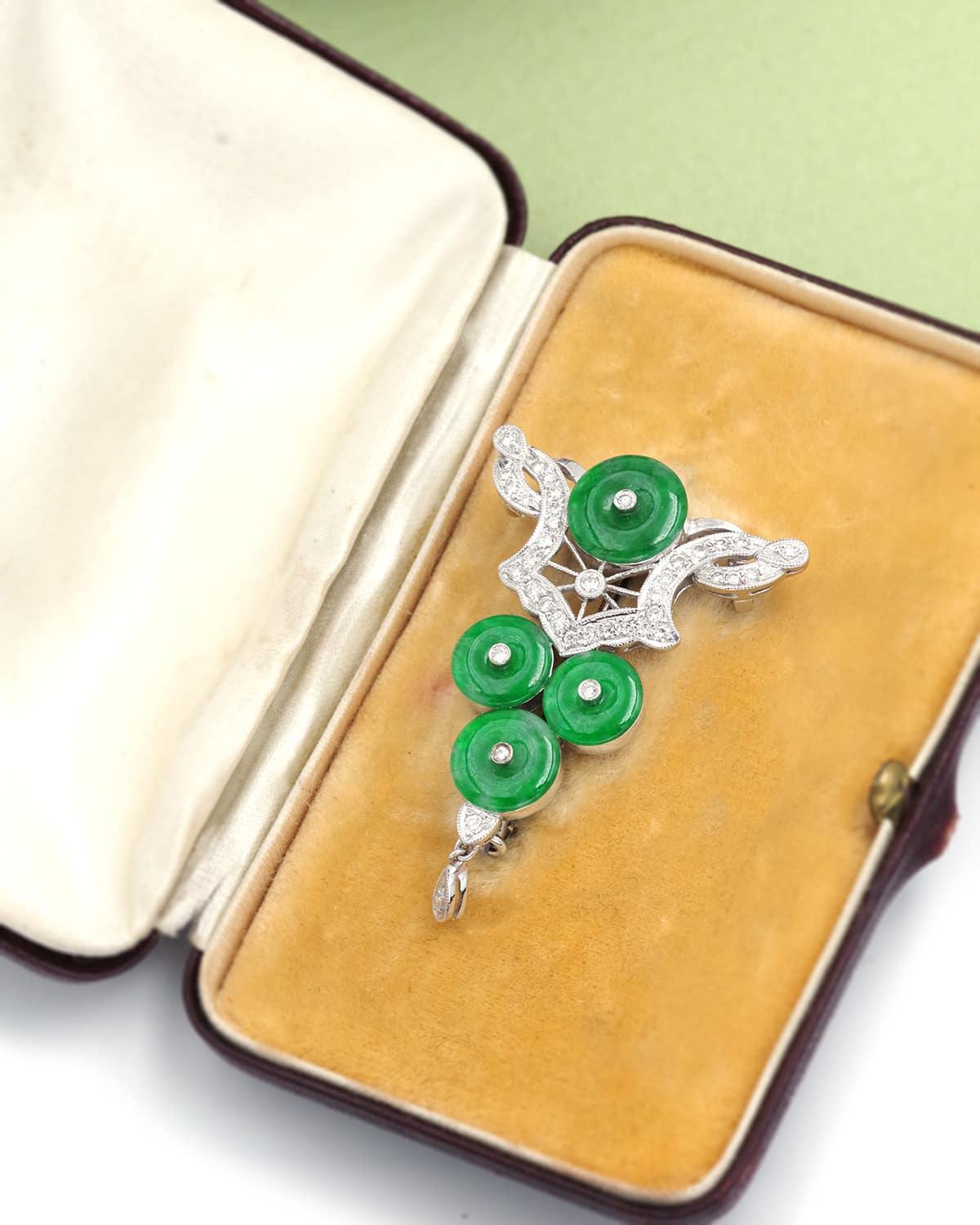 Pendentif Broche Jade Et Diamants Or Blanc 18k - Style Art Déco - Occasion