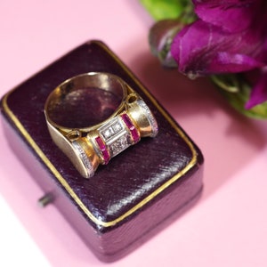 Tank ruby diamond scroll ring in 18k gold, three tones, tank roller ring, retro ring, geometric, antique jewelry Maison Mohs image 5