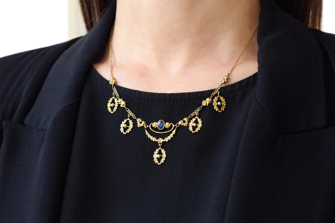 Victorian French Drapery Necklace in Yellow Gold 18k, Natural Pearls