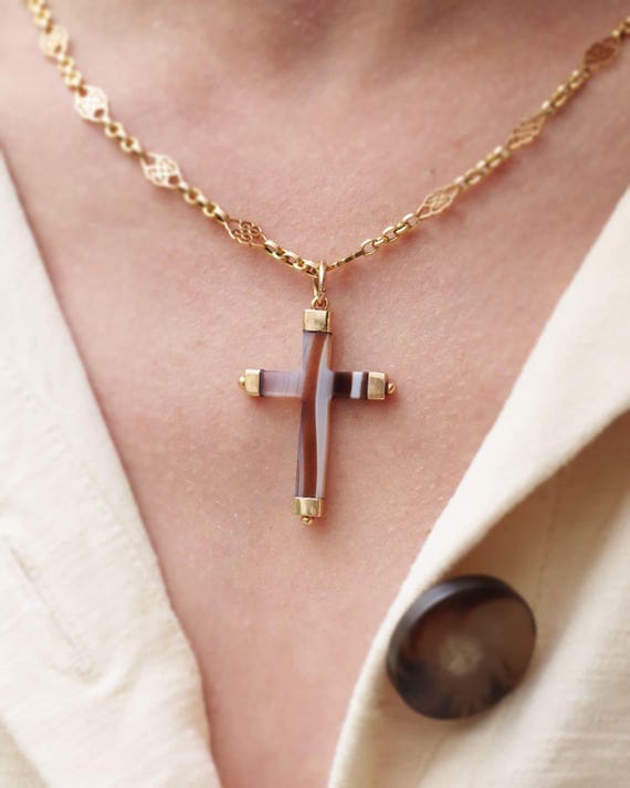 アンティークの18金製瑪瑙十字架ペンダント、ビクトリア朝の縞模様の