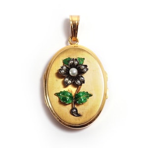 Victorian flower locket pendant, rose gold 18k, enamel gold, natural pearl, antique mourning jewelry, French jewelry | Maison Mohs