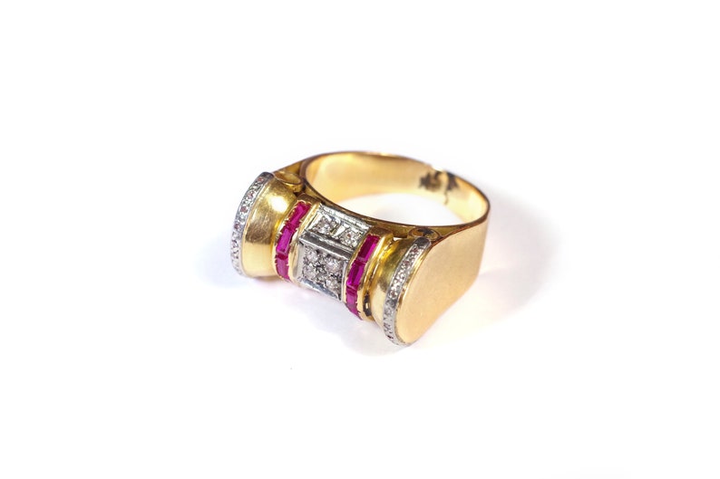 Tank ruby diamond scroll ring in 18k gold, three tones, tank roller ring, retro ring, geometric, antique jewelry Maison Mohs image 3