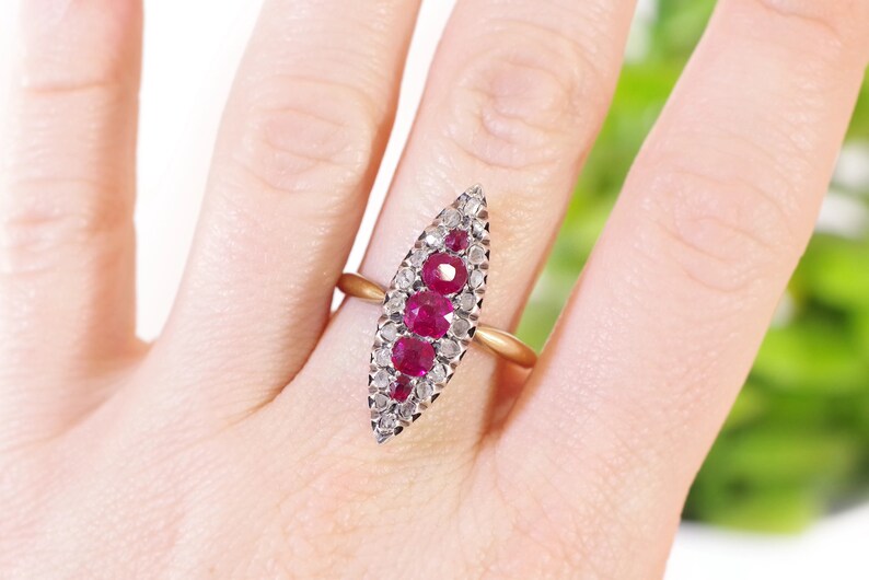 Ruby diamond navette ring in rose gold 18k, silver, wedding ring, cluster ring, antique jewelry Maison Mohs image 7