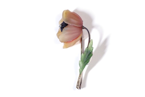 Austrian poppy flower brooch in 14 karat white go… - image 5