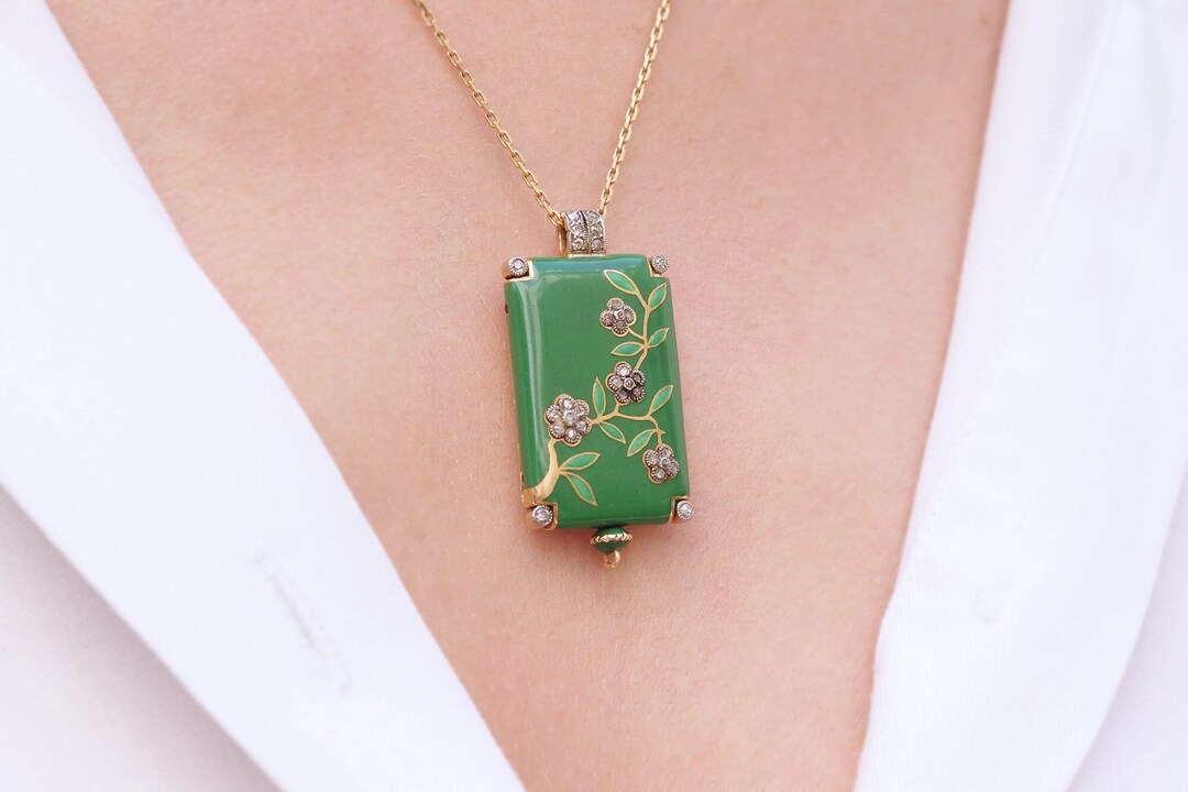 Art Deco Enamel Pendant Watch in 18k Gold and Platinum, Flowers, Rose ...