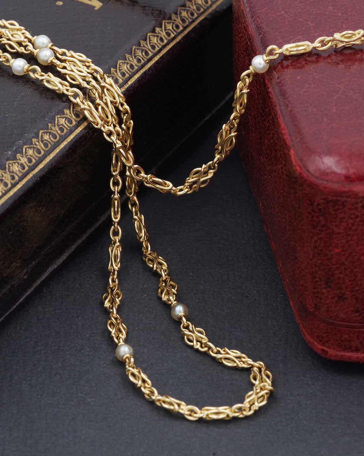 Collier Perles Fines Art Nouveau En Or 18k - Maille Ancienne - Bijou Ancien Occasion