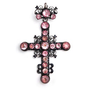 Victorian enamel foiled paste cross pendant in silver, black enamel, French religious pendant,Napoleon III, rhinestone jewelry | Maison Mohs