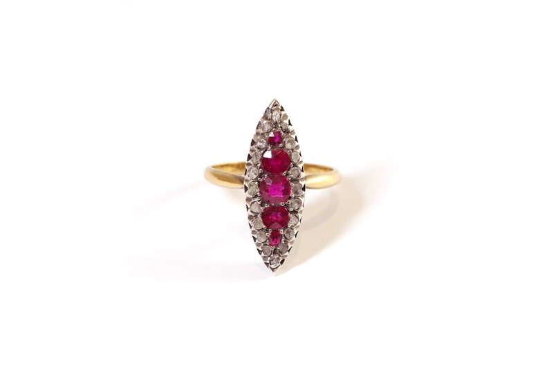 Ruby diamond navette ring in rose gold 18k, silver, wedding ring, cluster ring, antique jewelry Maison Mohs image 2