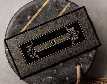 Black Velvet Wedding Invitation, Dark Grey And Black Luxury Wedding Card, Letterpress Gold Foil Printed, Horizontal Design, Marriage Card