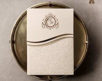 Classic Simple Wedding Invitation, Luxury, Elegant, Embossed Cream Color Pocket Envelope, Gold Foil Letterpress Printed Wedding Card