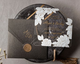 Transparent Wedding Invitation, White Rose Flowers, Initials Gold Foil Letterpress Printed Dark Grey Envelope, Clear Acrylic Invitation